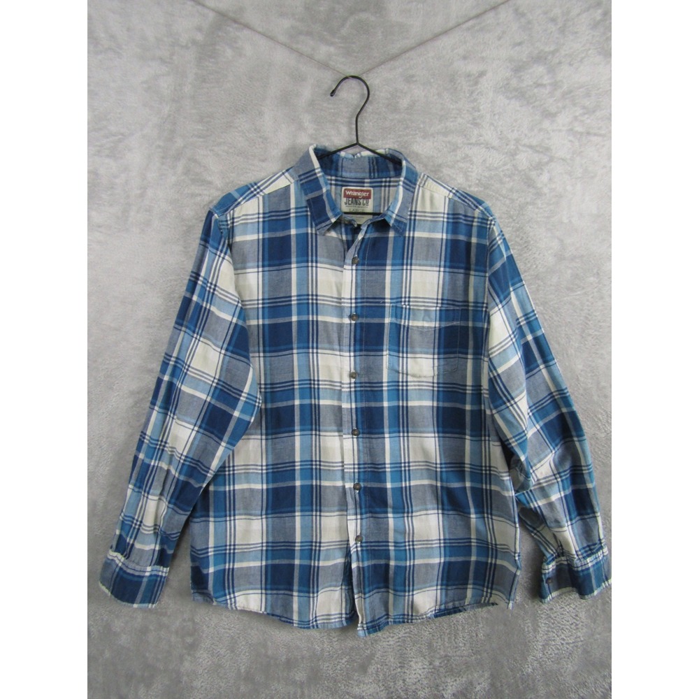 Wrangler Jeans Co Plaid Button Down Shirt Mens Large Blue White Excellent